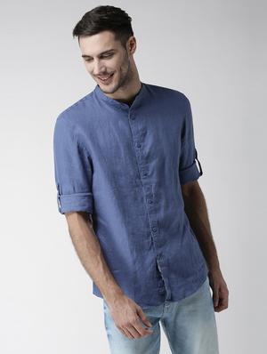 blue solid linen casual shirt - 17542512 - Standard Image - 2