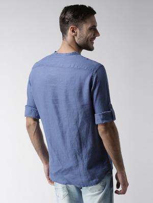blue solid linen casual shirt - 17542512 - Standard Image - 3