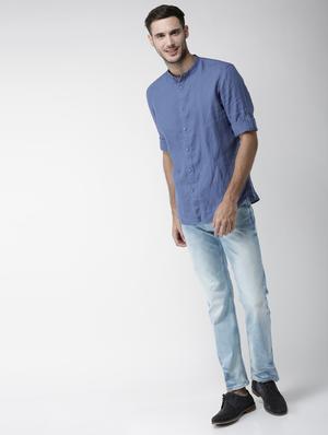 blue solid linen casual shirt - 17542512 - Standard Image - 4