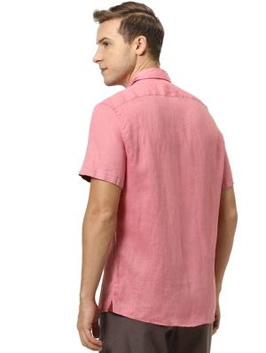 pink solid linen casual shirt - 17542529 - Standard Image - 3