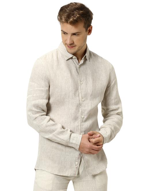 cream solid linen casual shirt - 17542541 - Standard Image - 1