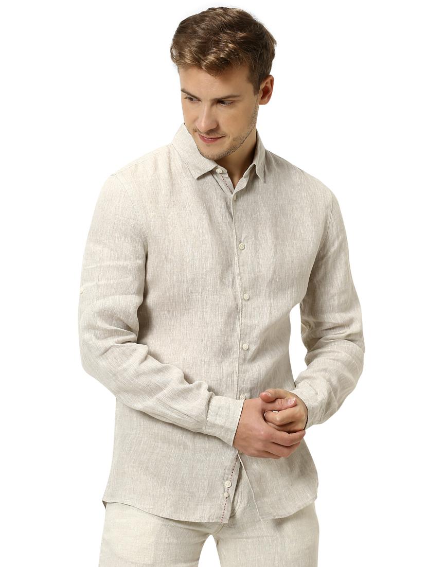 cream solid linen casual shirt - 17542541 - Zoom Image - 1
