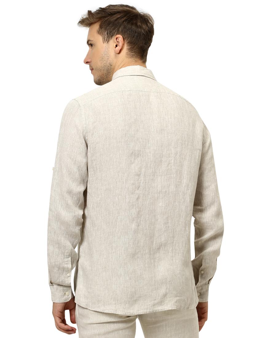 cream solid linen casual shirt - 17542541 - Zoom Image - 3