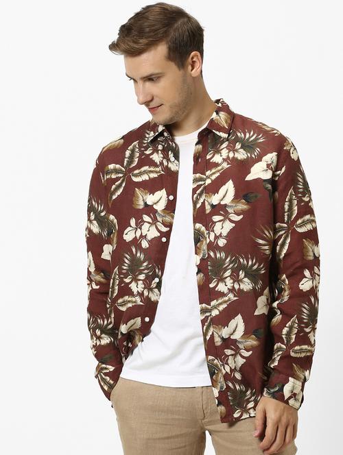 brown floral linen casual shirt - 17542544 - Standard Image - 1