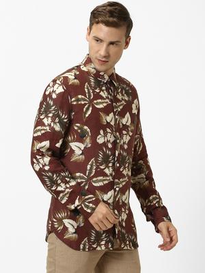 brown floral linen casual shirt - 17542544 - Standard Image - 2