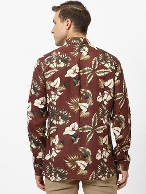 brown floral linen casual shirt - 17542544 - Standard Image - 3