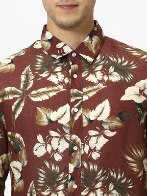 brown floral linen casual shirt - 17542544 - Standard Image - 5