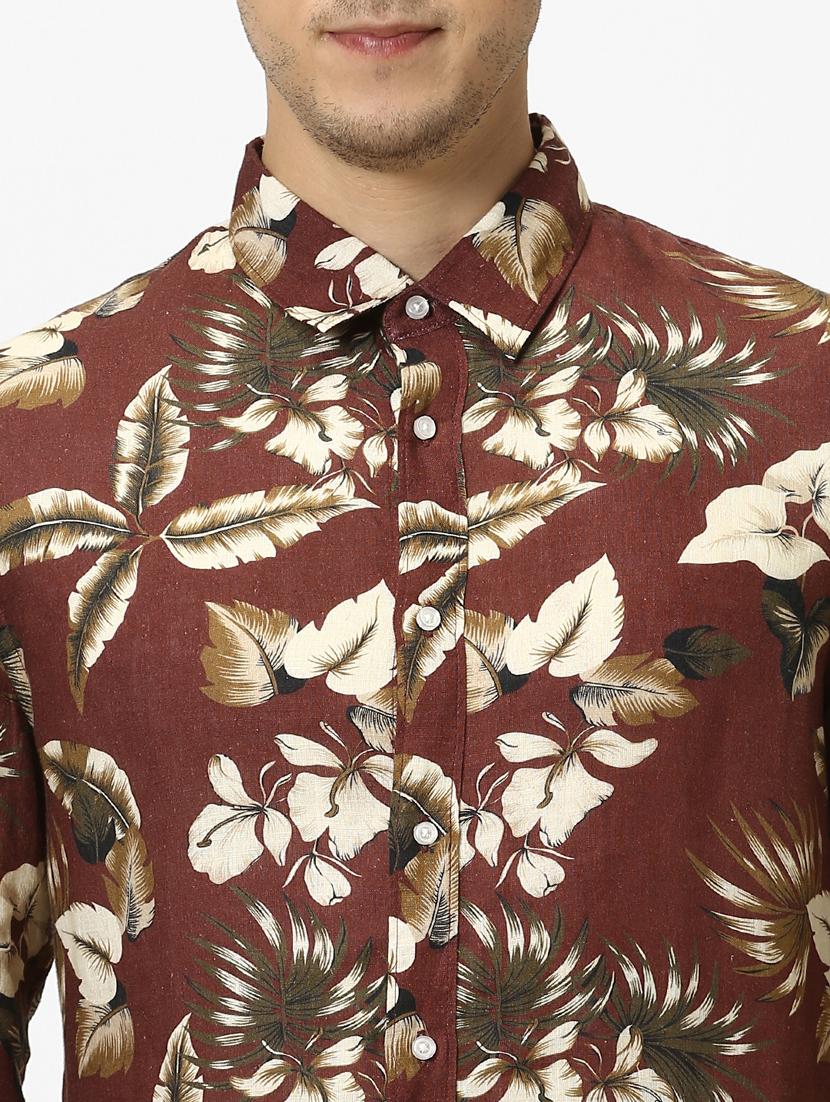 brown floral linen casual shirt - 17542544 - Zoom Image - 5
