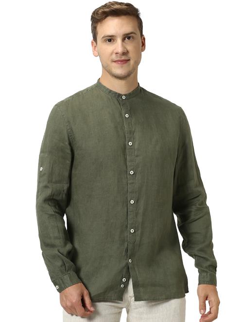 olive green solid linen casual shirt - 17542548 - Standard Image - 1