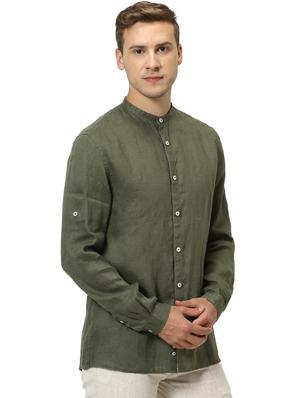 olive green solid linen casual shirt - 17542548 - Standard Image - 2