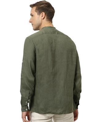 olive green solid linen casual shirt - 17542548 - Standard Image - 3