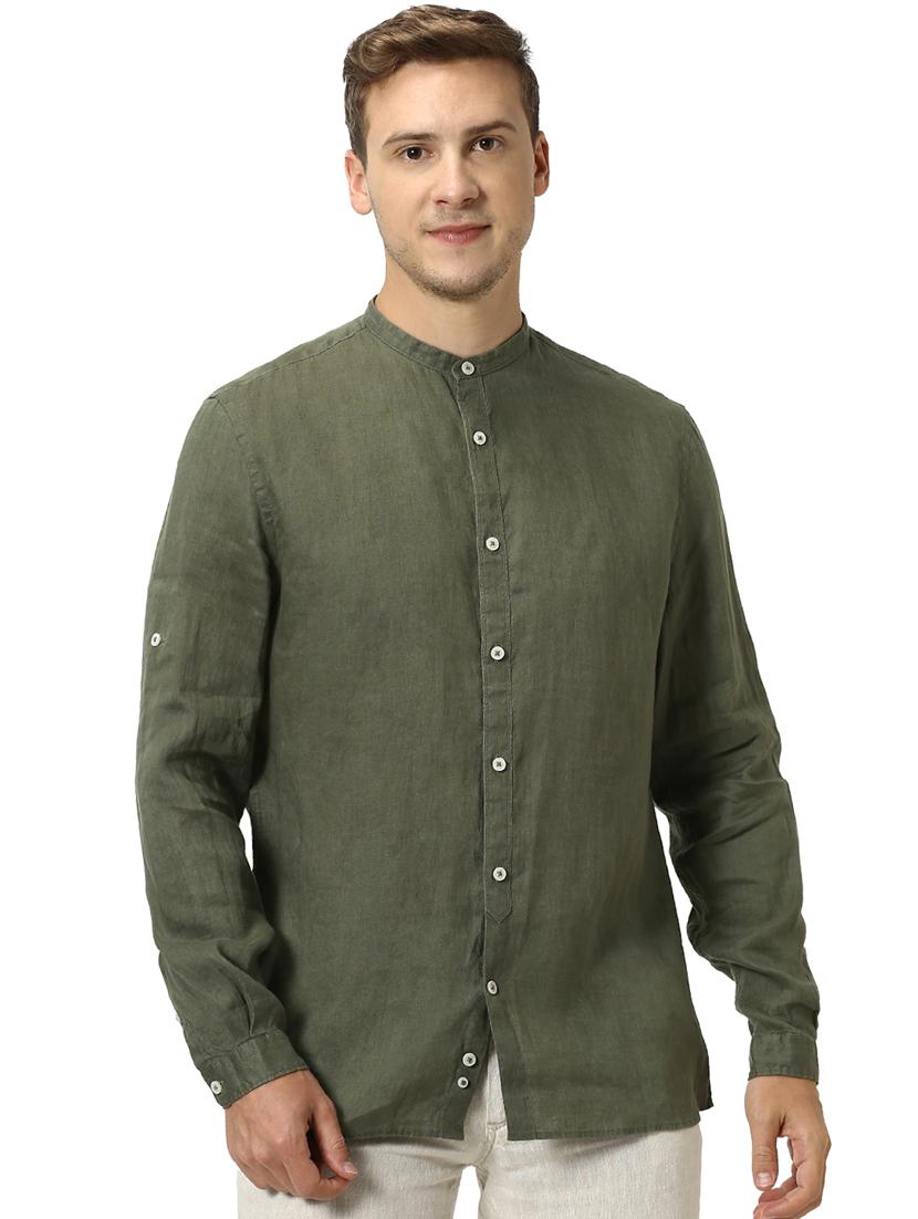 olive green solid linen casual shirt - 17542548 - Zoom Image - 1
