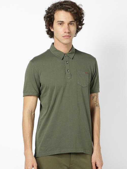 olive green solid collared t-shirt - 17542577 - Standard Image - 1