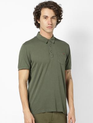 olive green solid collared t-shirt - 17542577 - Standard Image - 2