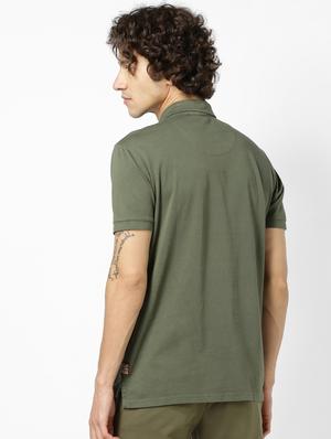 olive green solid collared t-shirt - 17542577 - Standard Image - 3