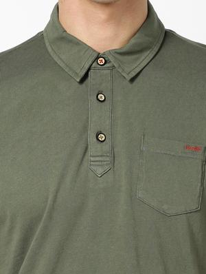 olive green solid collared t-shirt - 17542577 - Standard Image - 5