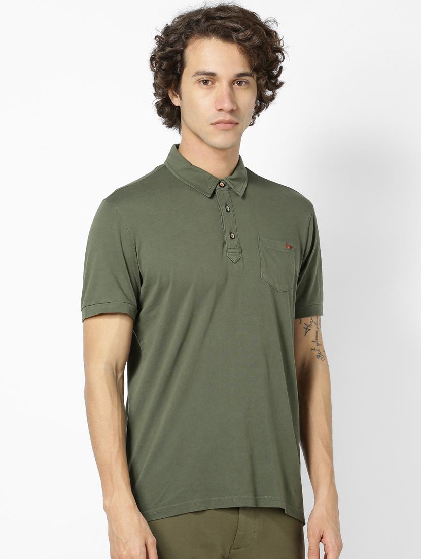 olive green solid collared t-shirt - 17542577 - Zoom Image - 2