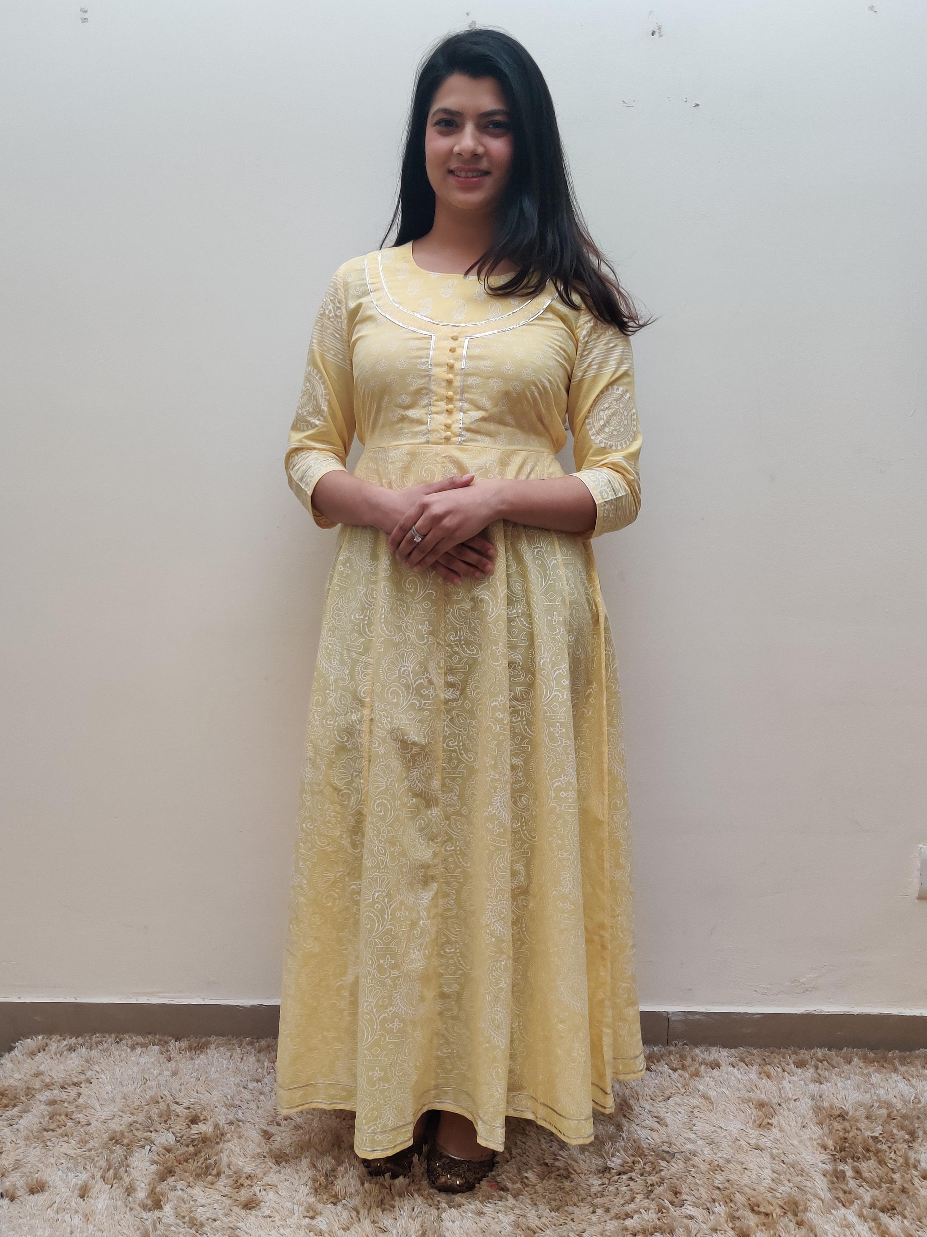 lemon cotton anarkali kurti - 17543407 - Zoom Image - 1