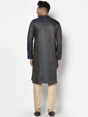 navy blue self design kurta pyjama ethnic wear set - 17543534 - Standard Image - 3