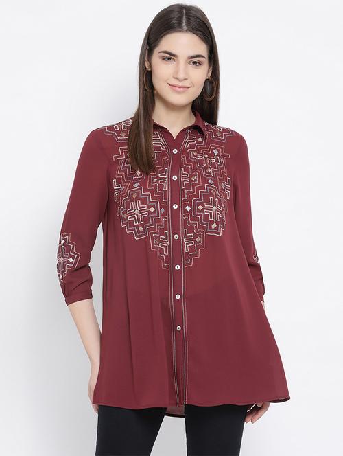 maroon polyester regular shirt - 17544684 - Standard Image - 1