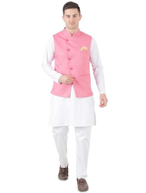 white solid kurta pyjama set with pink solid nehru jacket - 17545608 - Standard Image - 1