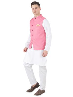 white solid kurta pyjama set with pink solid nehru jacket - 17545608 - Standard Image - 2