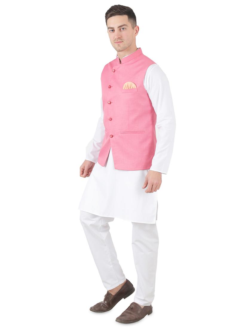 white solid kurta pyjama set with pink solid nehru jacket - 17545608 - Zoom Image - 2