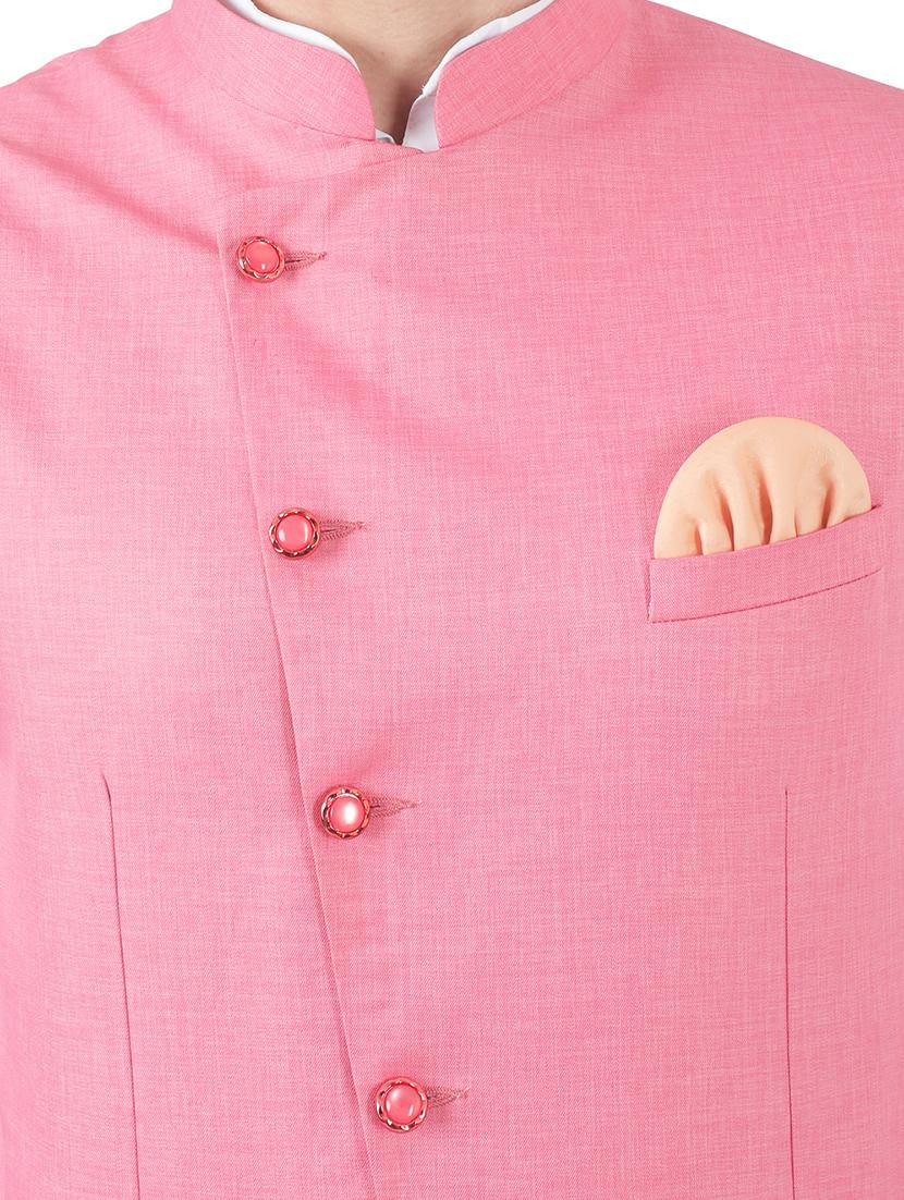 white solid kurta pyjama set with pink solid nehru jacket - 17545608 - Zoom Image - 4