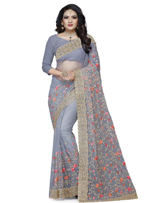 embroidered net saree with blouse - 17546775 - Very Small Image - 1
