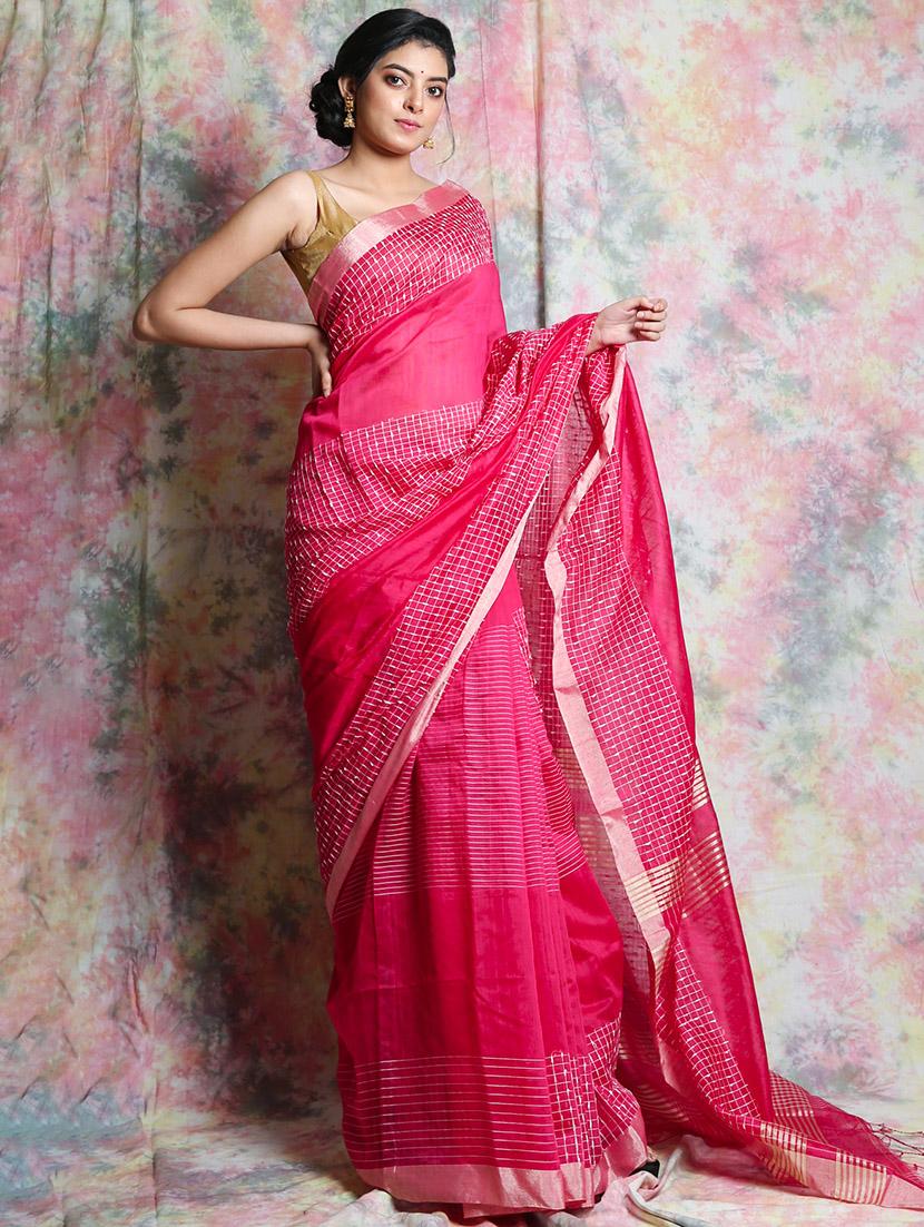 checkered handloom saree with blouse - 17546985 - Zoom Image - 1