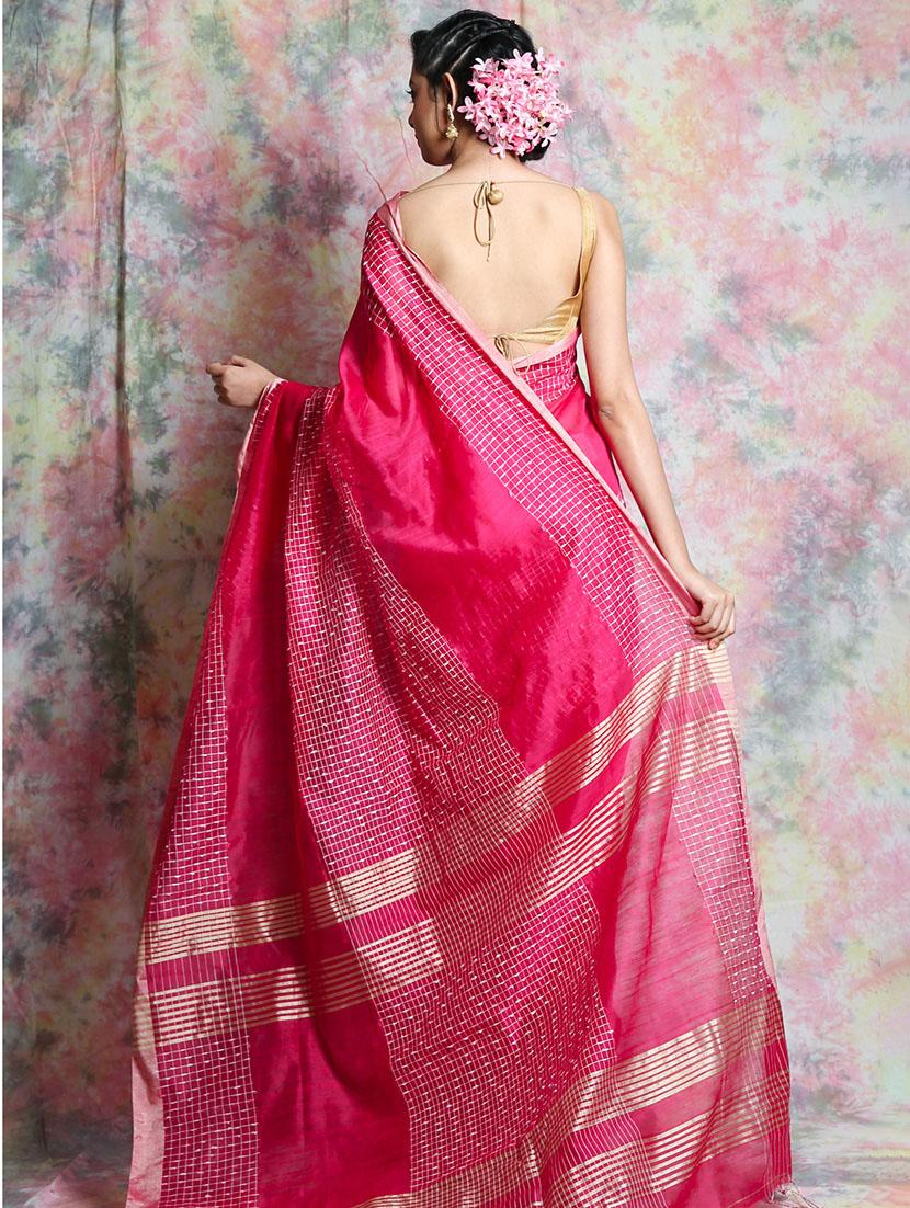 checkered handloom saree with blouse - 17546985 - Zoom Image - 2
