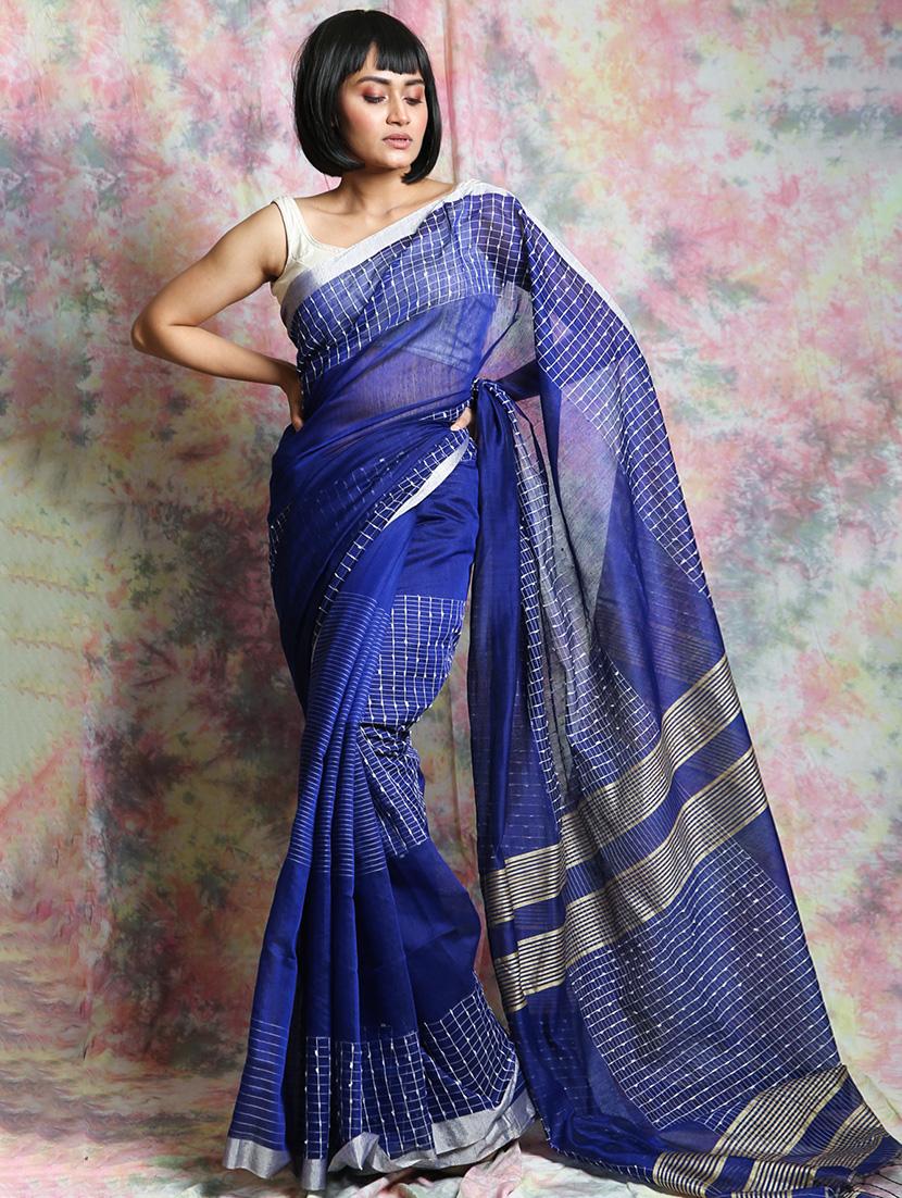 checkered handloom saree with blouse - 17546986 - Zoom Image - 1