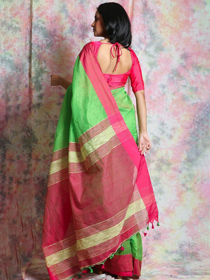 solid handloom saree with blouse - 17546990 - Zoom Image - 2