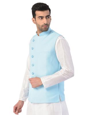 light blue solid nehru jacket - 17547745 - Standard Image - 2
