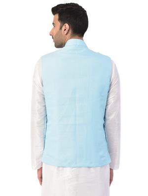 light blue solid nehru jacket - 17547745 - Standard Image - 3