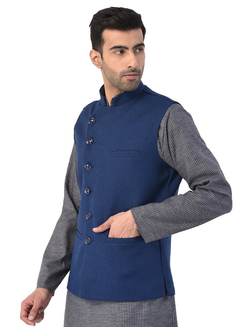 blue solid nehru jacket - 17547747 - Zoom Image - 2