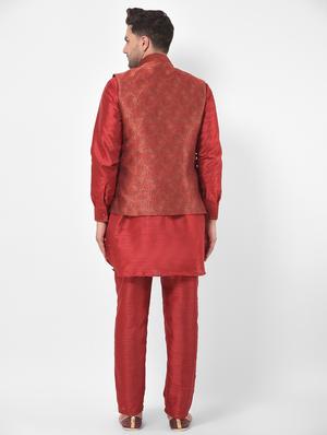 red solid kurta pyjama ethnic wear set with printed nehru jacket - 17548143 - Standard Image - 3
