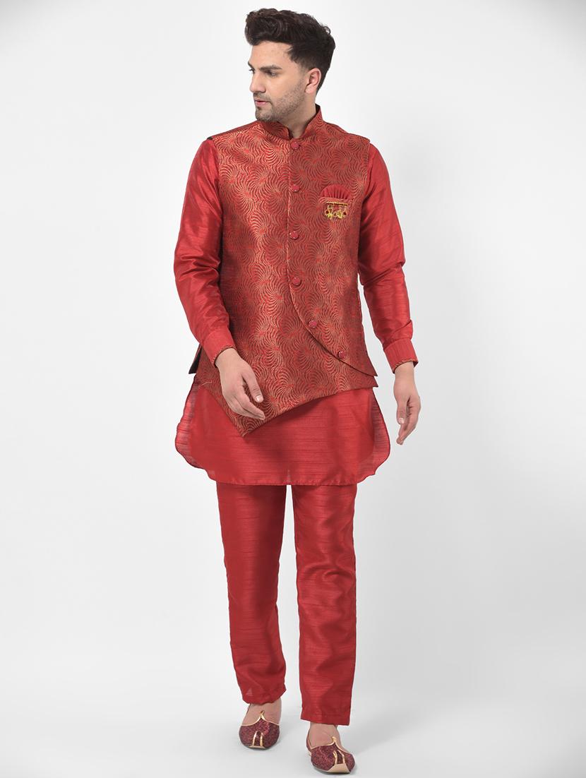 red solid kurta pyjama ethnic wear set with printed nehru jacket - 17548143 - Zoom Image - 1