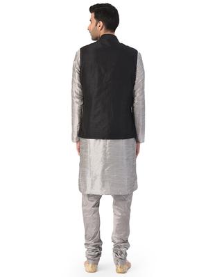 grey kurta pyjama ethnic wear set with black nehru jacket - 17548176 - Standard Image - 3