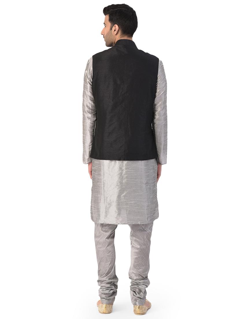 grey kurta pyjama ethnic wear set with black nehru jacket - 17548176 - Zoom Image - 3