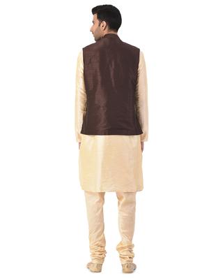 beige solid kurta pyjama ethnic wear set with brown nehru jacket - 17548178 - Standard Image - 3