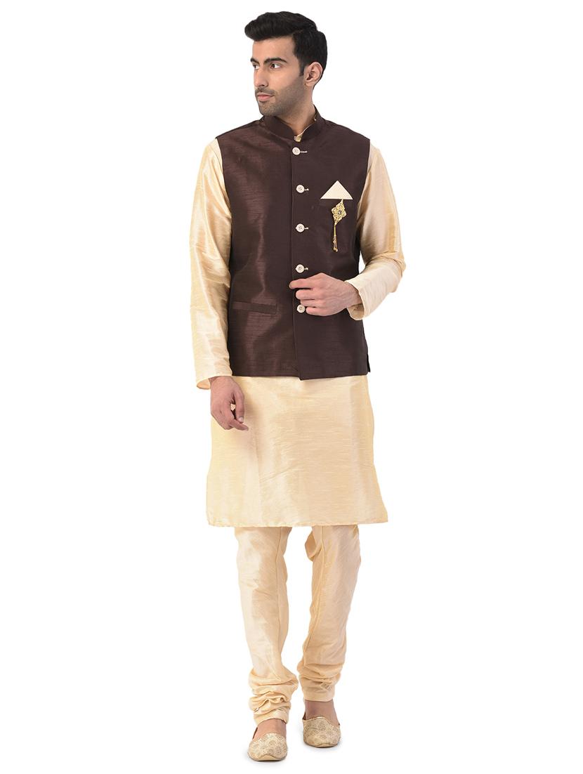 beige solid kurta pyjama ethnic wear set with brown nehru jacket - 17548178 - Zoom Image - 1