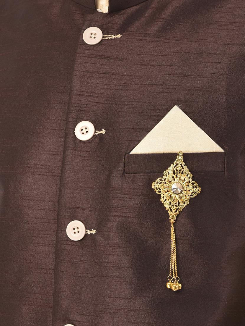 beige solid kurta pyjama ethnic wear set with brown nehru jacket - 17548178 - Zoom Image - 5