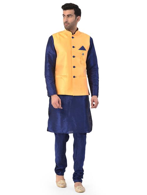 navy blue solid kurta pyjama ethnic wear set with yellow nehru jacket - 17548179 - Standard Image - 1