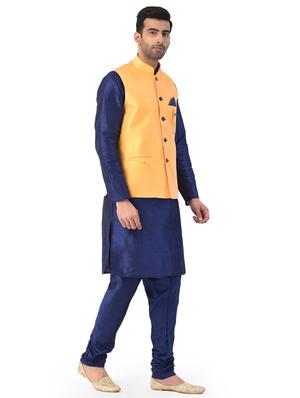 navy blue solid kurta pyjama ethnic wear set with yellow nehru jacket - 17548179 - Standard Image - 2