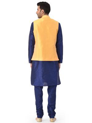 navy blue solid kurta pyjama ethnic wear set with yellow nehru jacket - 17548179 - Standard Image - 3