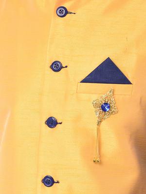 navy blue solid kurta pyjama ethnic wear set with yellow nehru jacket - 17548179 - Standard Image - 4