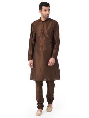 brown solid kurta pyjama ethnic wear set with beige nehru jacket - 17548180 - Standard Image - 2