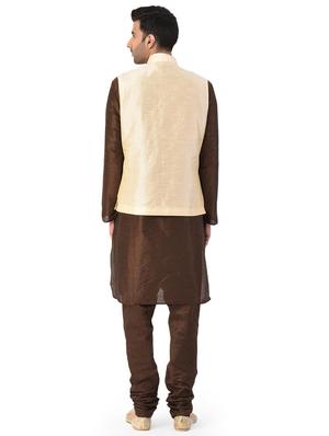 brown solid kurta pyjama ethnic wear set with beige nehru jacket - 17548180 - Standard Image - 3