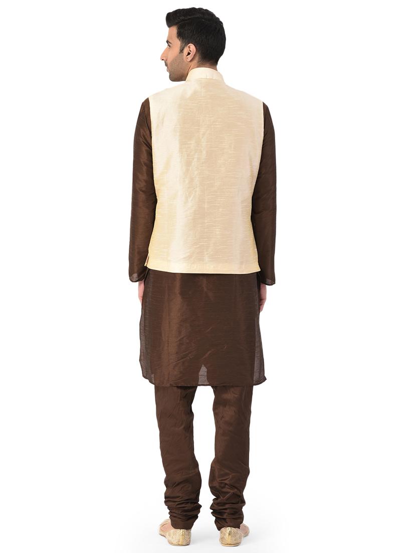 brown solid kurta pyjama ethnic wear set with beige nehru jacket - 17548180 - Zoom Image - 3